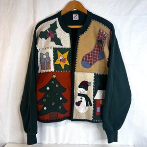 Jerzees VTG Christmas Sweater Cardigan Open Front Eclectic USA Sz Large Holiday